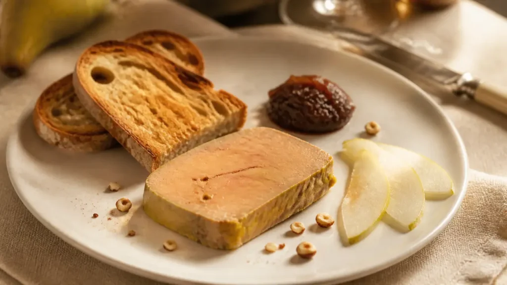 Tranche de foie gras, pain toasté, poire et confit d’oignons, accord vin