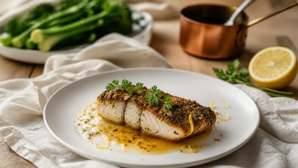 Recette poisson gastronomique : lotte en croûte d’herbes au four
