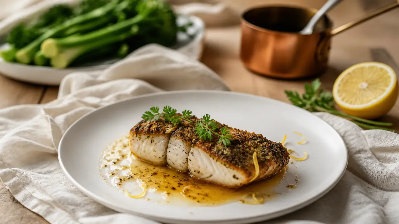 Recette poisson gastronomique : lotte en croûte d’herbes au four