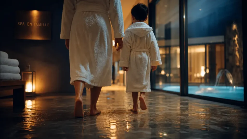 Spa en famille : adulte et enfant quittent une cabine duo, ambiance vapeur chaude
