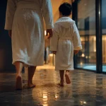 Spa en famille : adulte et enfant quittent une cabine duo, ambiance vapeur chaude
