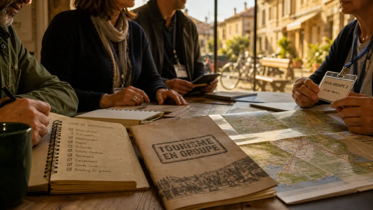 Tourisme responsable en groupe : carnet, badge et plan local dans un village