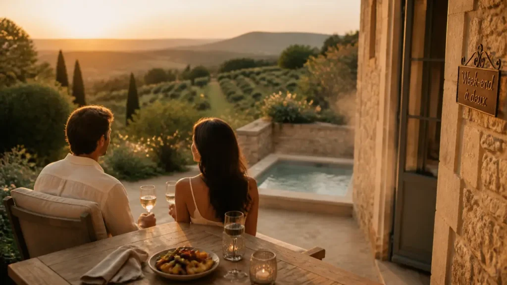Week end amoureux dans le sud : couple sur terrasse avec spa privatif vue mer