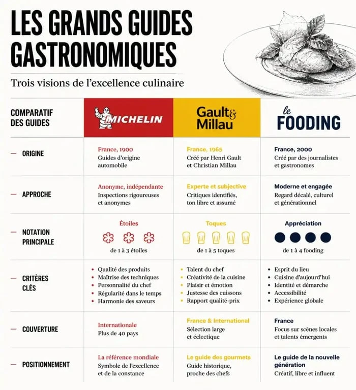 Comparatif des principaux guides gastronomiques : Michelin, Gault & Millau et Le Fooding