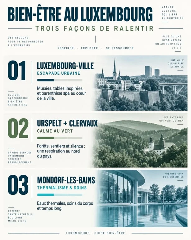 Hôtel spa Luxembourg : comparaison des ambiances entre Luxembourg-Ville, Clervaux et Mondorf-les-Bains