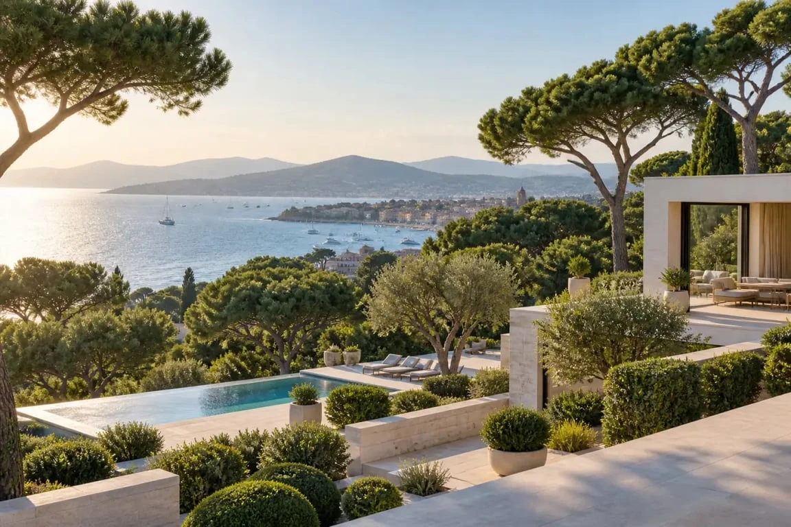 Hôtel de luxe à Saint-Tropez dans une pinède avec vue sur la Méditerranée