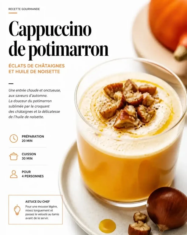 Entrée d'automne gastronomique : cappuccino de potimarron et éclats de châtaignes