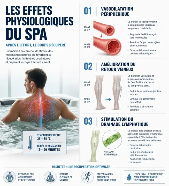 Infographie sur les bienfaits physiologiques du spa et montagne pour la récupération musculaire