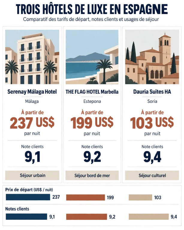 Comparatif visuel de trois hôtels de luxe en Espagne à Málaga, Estepona et Soria