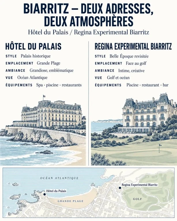 Infographie comparative des hôtels de luxe à Biarritz Hôtel du Palais et Regina Experimental