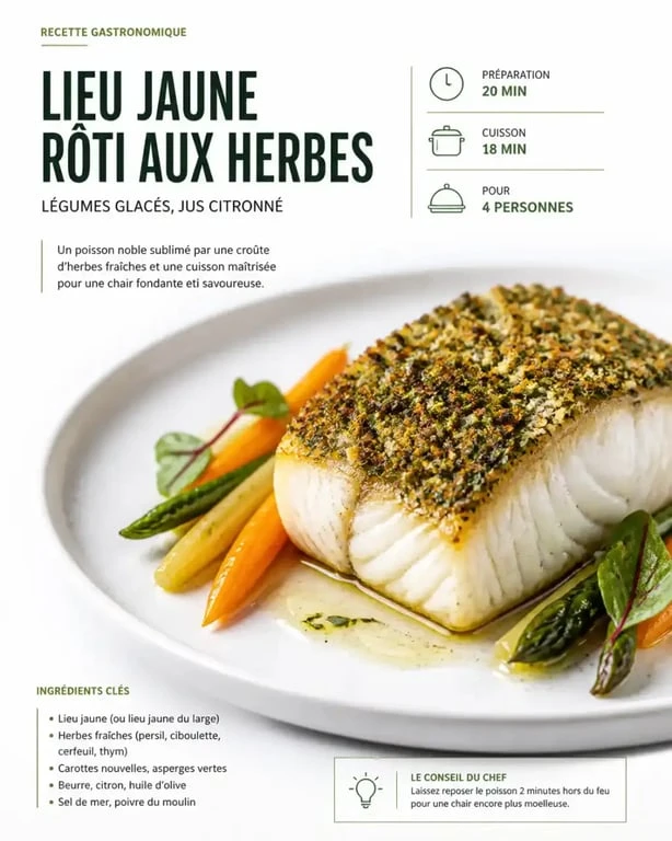 Plat gastronomique de poisson : lieu jaune en croûte d'herbes et beurre noisette