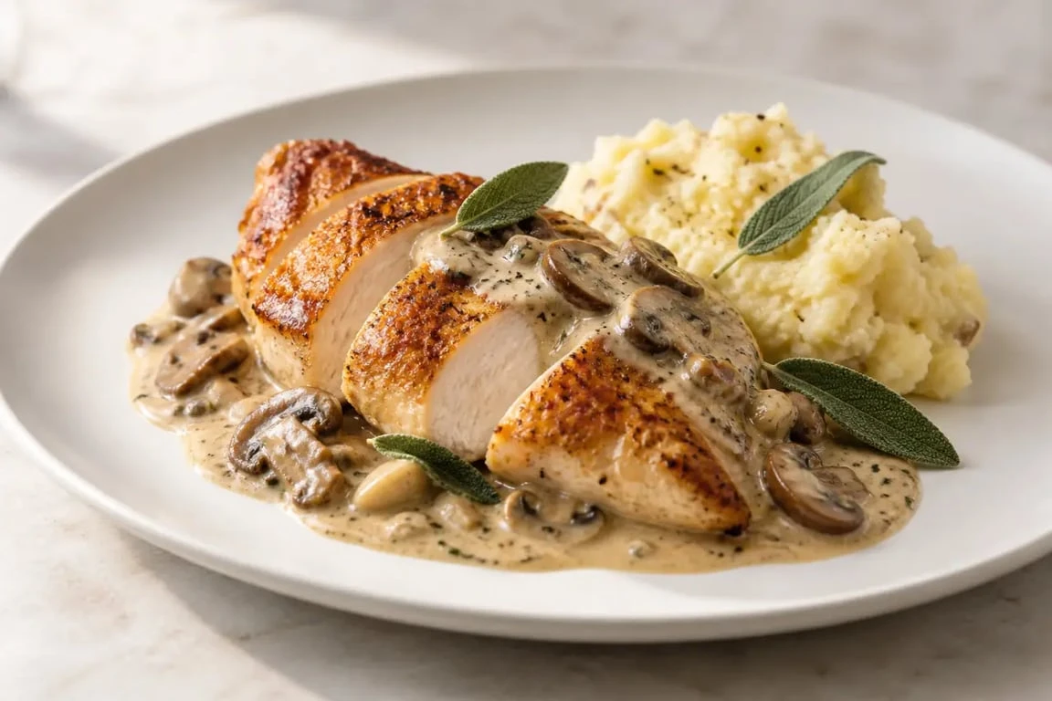 Suprême de volaille recette gastronomique avec sauce crémeuse aux champignons