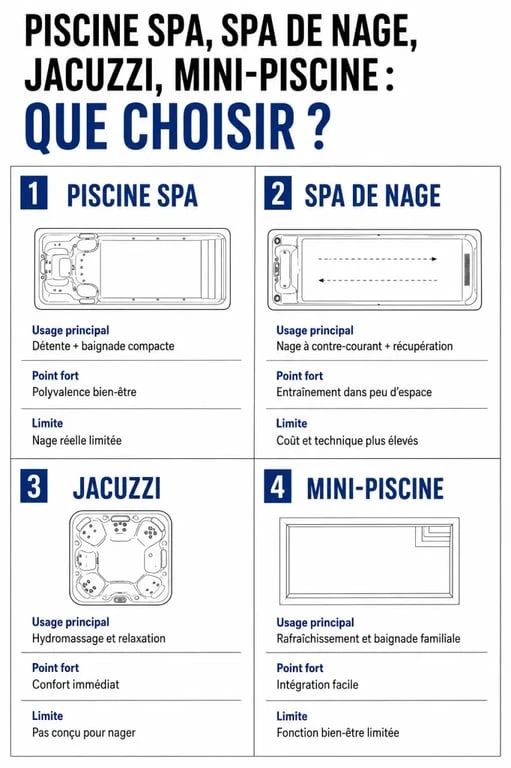Comparatif piscine spa, spa de nage, jacuzzi et mini-piscine