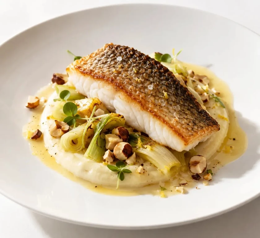 Recette gastronomique poisson : bar rôti, mousseline de céleri et beurre blanc au citron