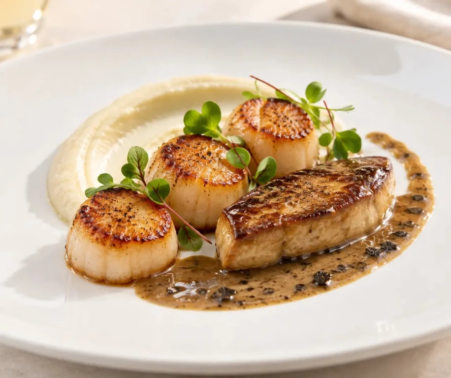 Recette plat principal gastronomique de Saint-Jacques et foie gras façon Rossini