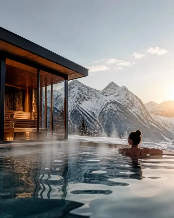 Hôtel spa montagne avec bassin extérieur chauffé face aux sommets enneigés