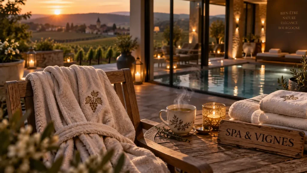 Hotel spa bourgogne : spa & vignes, terrasse avec tisane et peignoir
