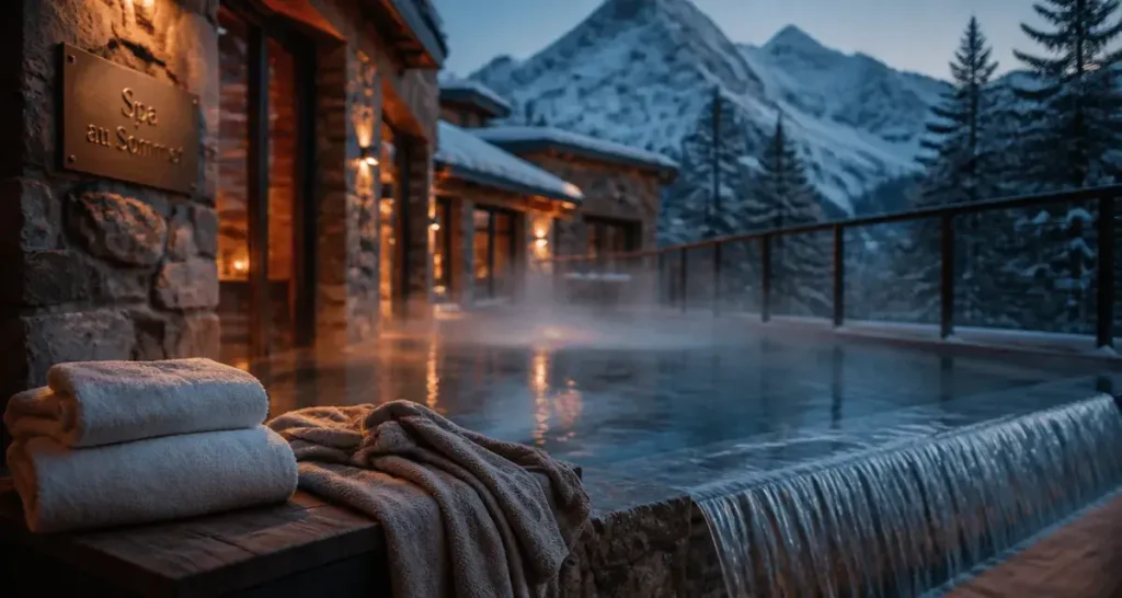 Hotel spa montagne : bassin chauffé extérieur et vapeur après une journée de ski
