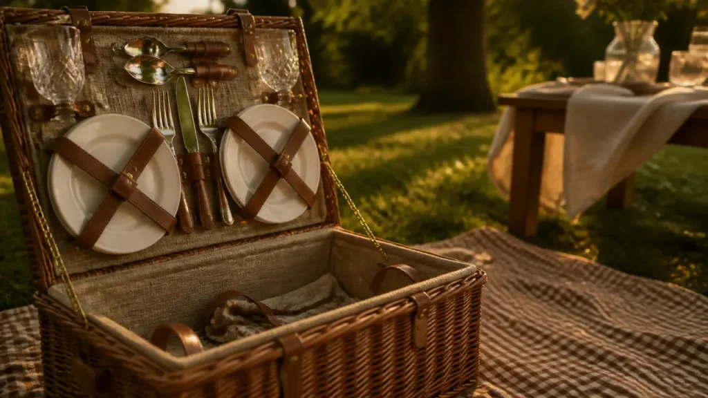 Panier picnic en osier tressé à la golden hour