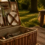 Panier picnic en osier tressé à la golden hour