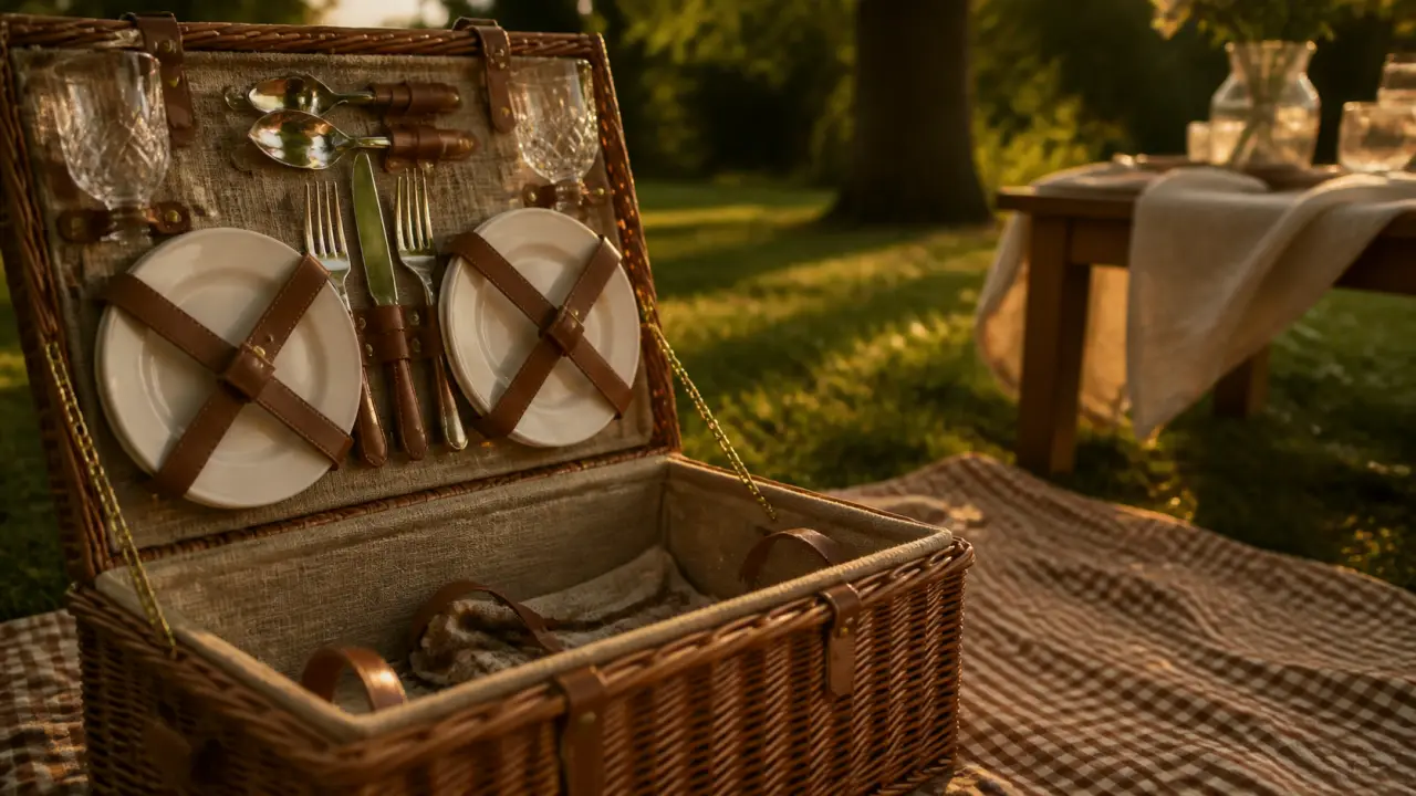Panier picnic en osier tressé à la golden hour