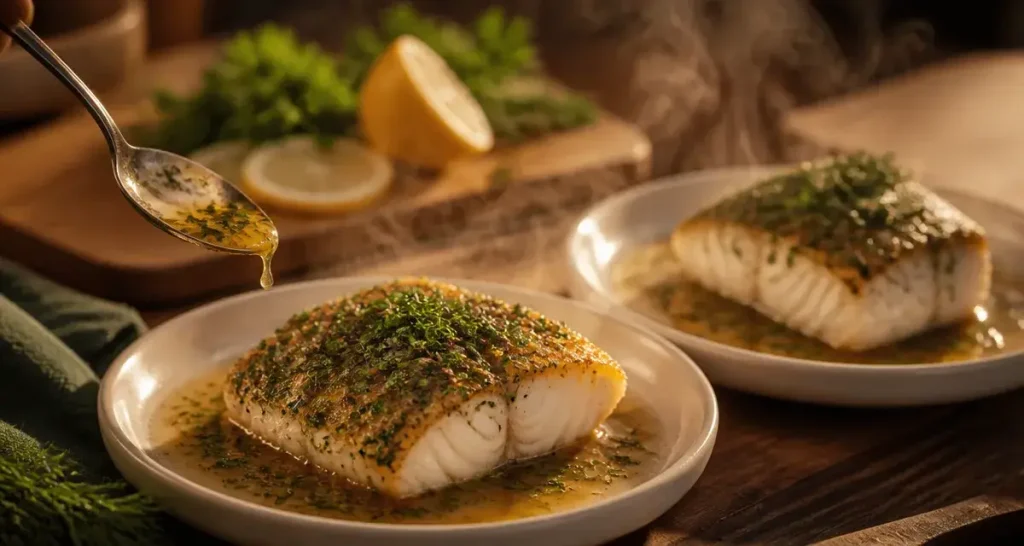 Plat gastronomique poisson : lieu jaune beurre noisette et herbes fraîches