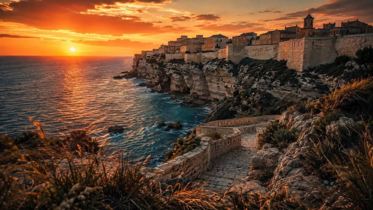 Que faire Corse du Sud : vue Bonifacio falaises et mer au coucher du soleil