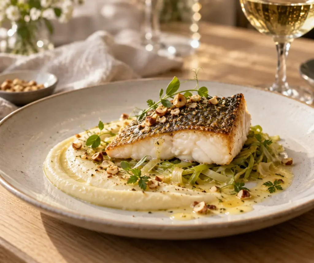 Recette gastronomique poisson : pavé de bar rôti, beurre blanc au citron et poireaux