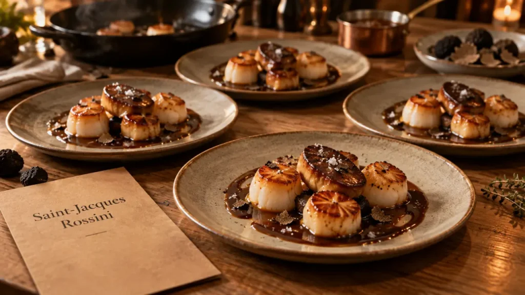 Recette plat principal gastronomique : Saint-Jacques au foie gras et sauce truffée