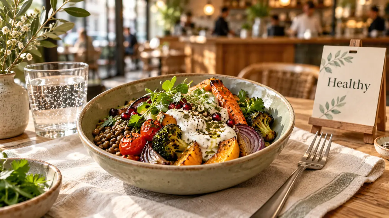 Restaurant healthy à Paris : bol de légumes rôtis et lentilles