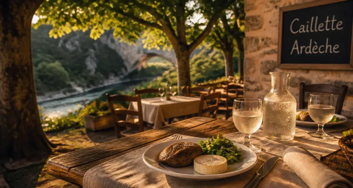 Restaurant sud Ardèche : terrasse ombragée avec picodon et caillette