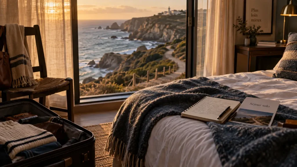 Sejour pour se ressourcer seul en bord de mer, chambre d’hôtel et carnet