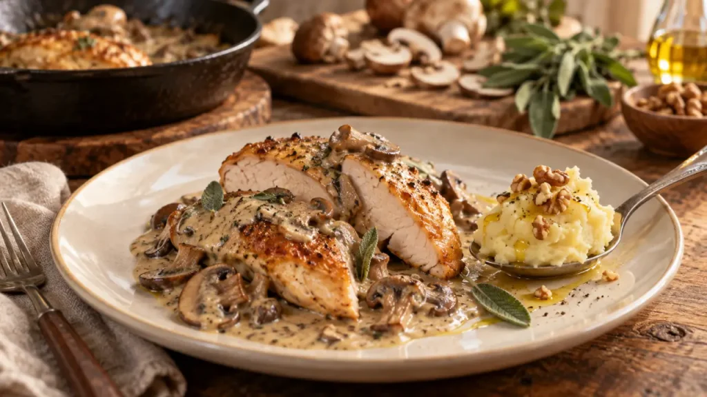 Suprême de volaille gastronomique : peau dorée, chair moelleuse et sauce aux champignons