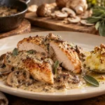 Suprême de volaille recette gastronomique, peau dorée, sauce aux champignons