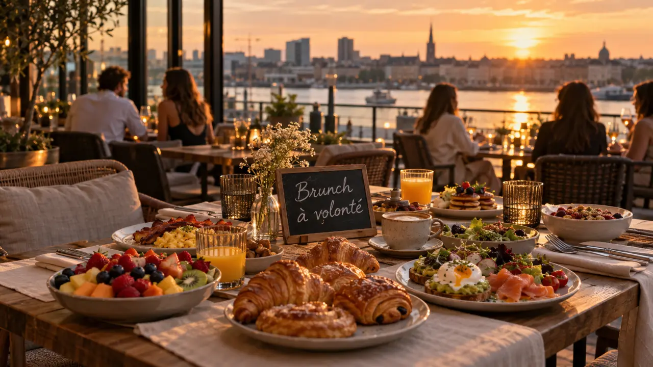 Brunch à Bordeaux : terrasse aux Bassins à Flot, nappes ivoire et assiettes de brunch