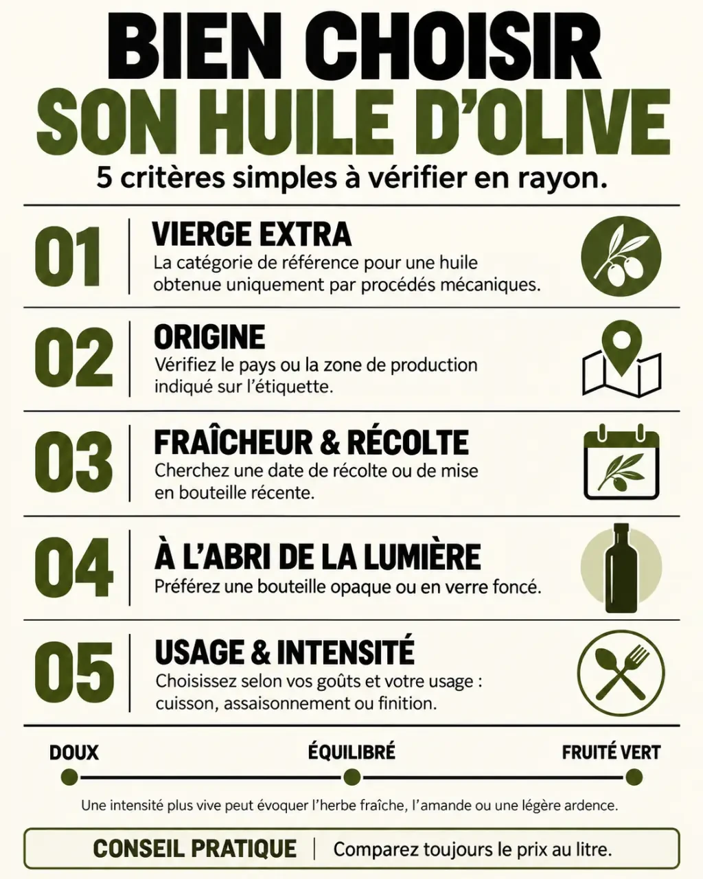 Infographie des critères du top 10 meilleur huile d’olive : origine, fraîcheur, catégorie et usages