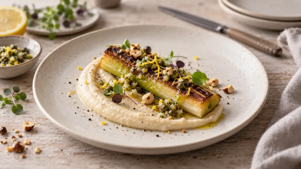 Entrée vegan gastronomique : crème de haricots blancs et poireau rôti citron-câpres