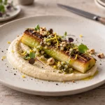 Entrée vegan gastronomique : crème de haricots blancs et poireau rôti citron-câpres