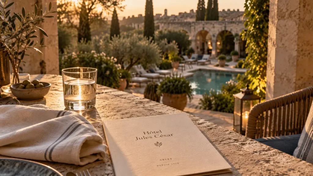 Hôtel Arles luxe : jardin et voûtes en pierre, ambiance spa