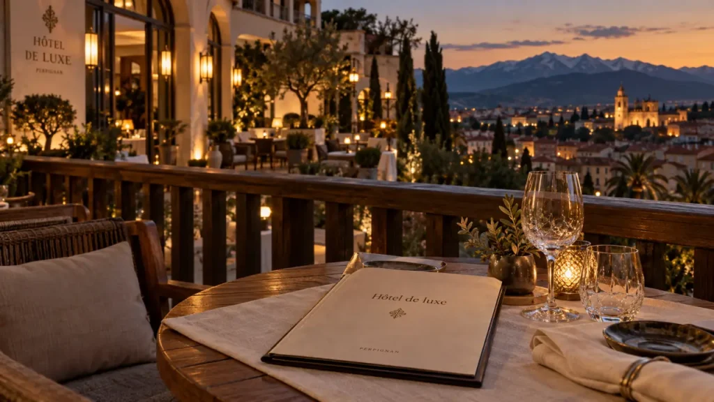 Vue balcon d’un hôtel perpignan luxe, Perpignan et Pyrénées au coucher du soir