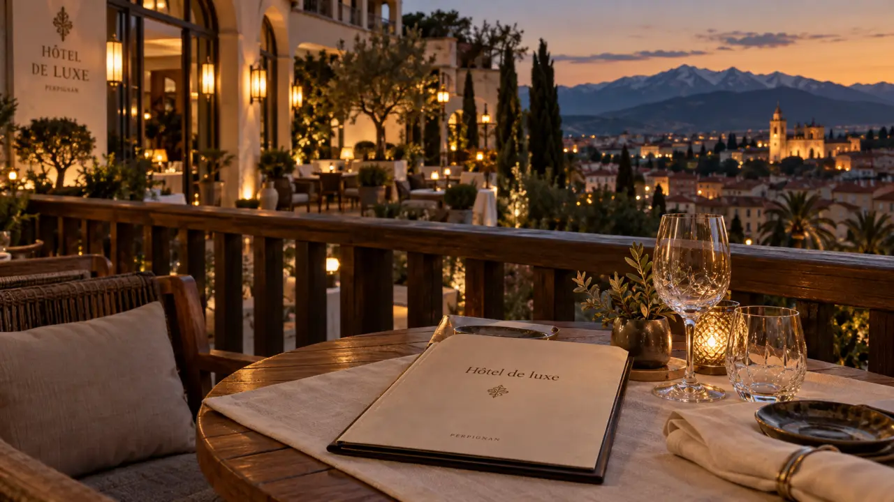 Vue balcon d’un hôtel perpignan luxe, Perpignan et Pyrénées au coucher du soir