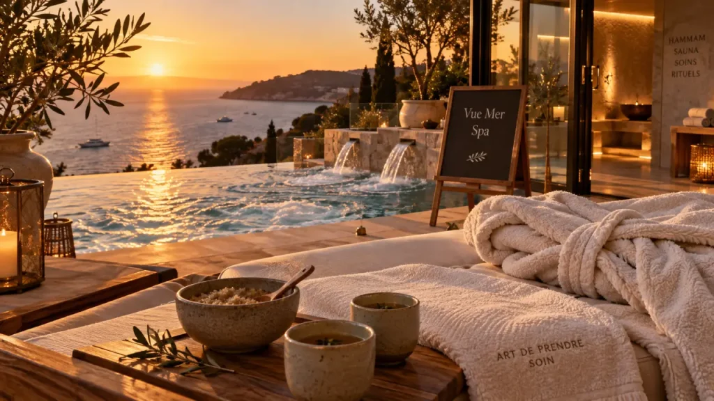 Spa cote d azur vue mer, terrasse et piscine du spa